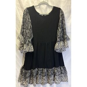 Women's Medium Black Dress Ruffled Hem Sleeves Floral Leopard Print Flowy